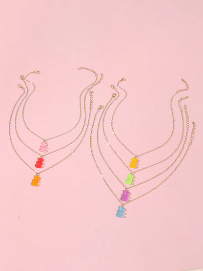 7pcs Cute Girls‘ Bear Charm Necklace Set, Sweet Dainty Jewelry for Daily Wear & Gifting