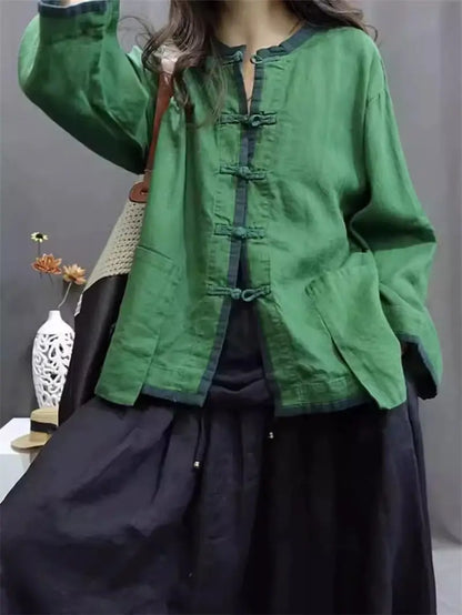 Linen Shirt Jacket Chinese Style Contrasting Color Plate Buckle Cardigan Women's Stand Up Collar Retro Casual Loose Top K1861