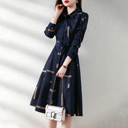 Simplicity Fashion Spring Shirt Dresses Women Lapel Geometric Print Button Belt Korean Office Lady Long Sleeve Slim Midi Dress