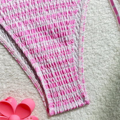 Pink Plaid Print String Micro Bikini Thong 2025 Sexy Swimsuit Women Halter Wrinkle Swimwear Bow Triangle Bikinis Sets Beach Wear