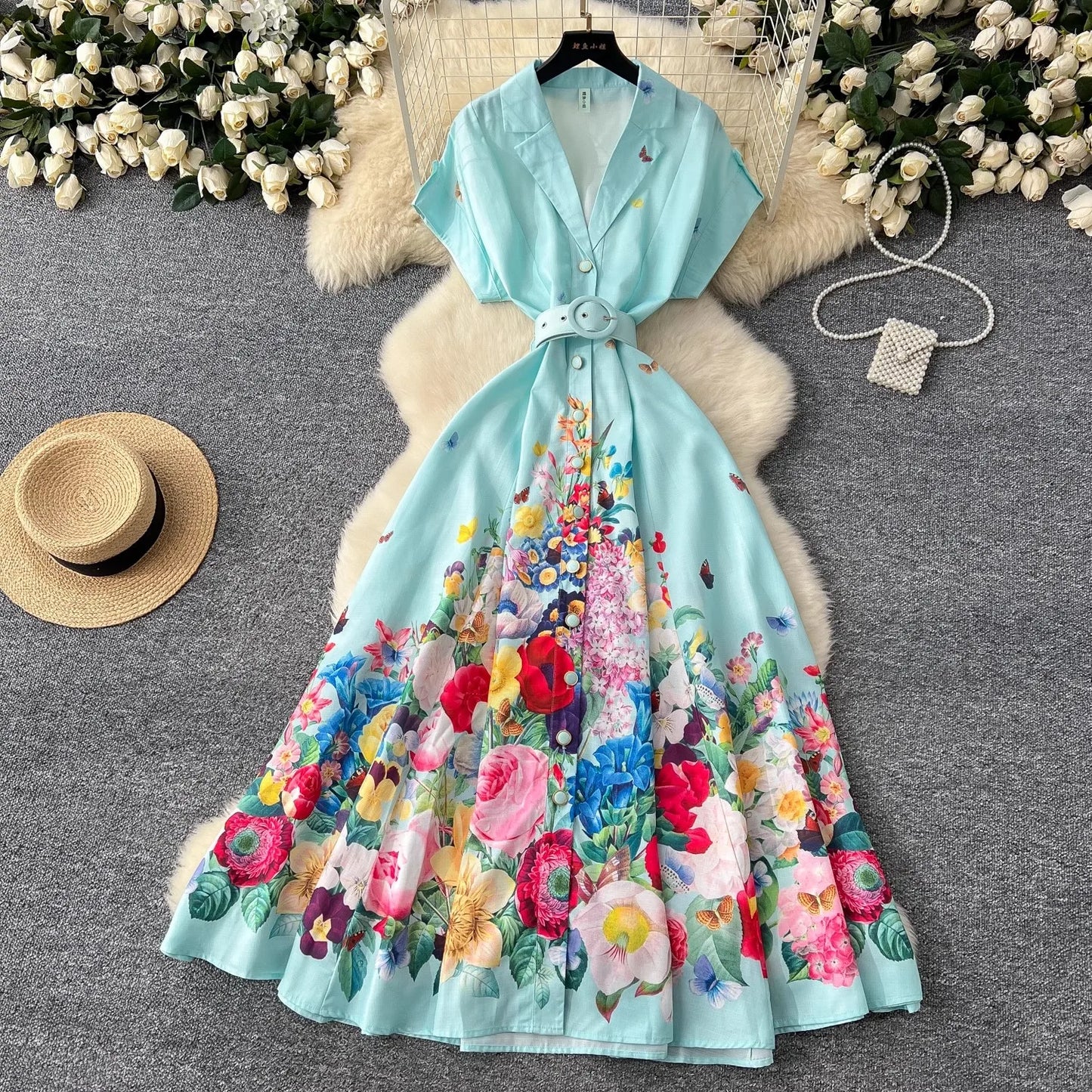 Summer Holiday Floral Print Dress Women's Notched Short Sleeve Single Breasted Buttons Up Belt Boho Maxi Long Robe Vestidos