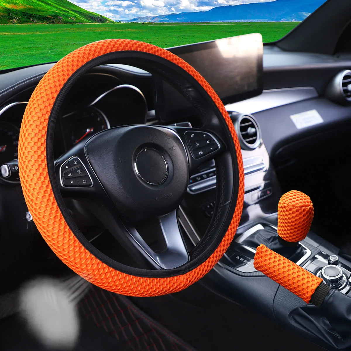 Three-piece three-dimensional breathable massage net car non-slip steering wheel cover, handbrake cover, gearshift cover