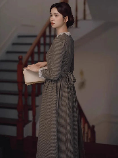 86-98cmBust SpringFall Long Dresses Women French Miss Austin Vintage Elegant Slim Exquisite Lace Collar 100%Cotton Striped Dress