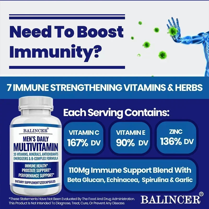 Men's Multivitamin - Contains vitamins B12, B6, zinc and selenium to support coordination, heart, immunity and prostate health