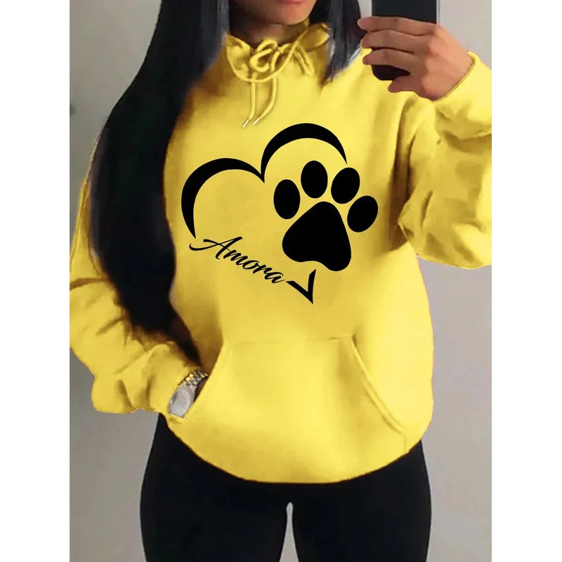 Love And Little Cat Foot Creative Print Women Hoody Fashion Autumn Sweatshirt Pocket Hoodie Sport Style Comfortable Pullover