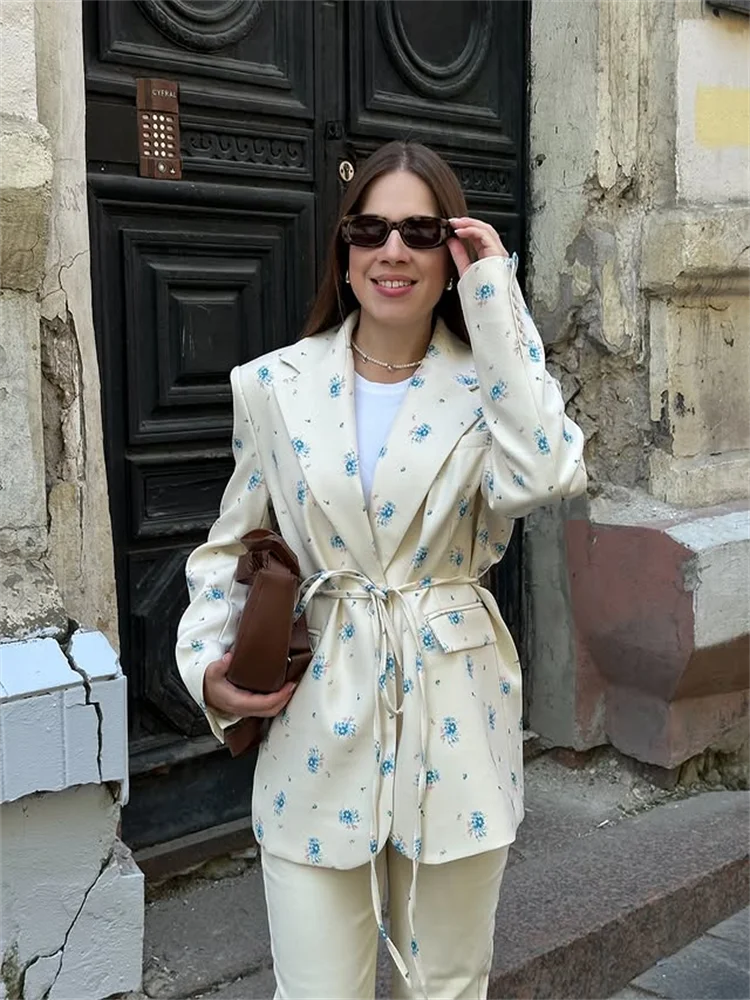 Elegant Floral Print Blazer Outerwear With Belt Women's Casual Lapel Long-Sleeve Shoulder Pads Jacket Loose Fit Outfit For Woman