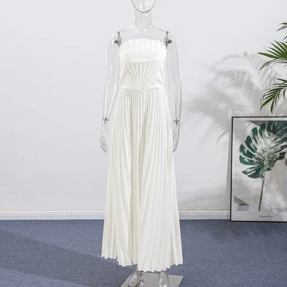 Sexy White Pleated Strapless Dress Women Sleeveless Backless Slim Split Dresses Female 2025 Simmer Lady Party Holiday Robe