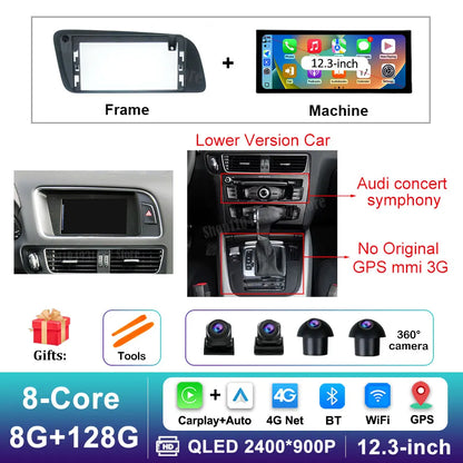 12.3 inch GPS Navigation Wireless Carplay Android 16 for Audi Q5 2009 - 2017 BT Car Multimedia Video Radio Player 4G Auto Tools