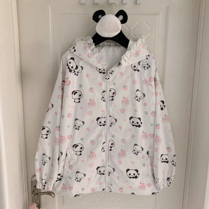 Japanese Kawaii Cartoon Print Jackets Loose Y2k Casual Sun Protection Women's Tops Lace Patchwork Preppy Grunge Hooded Coats