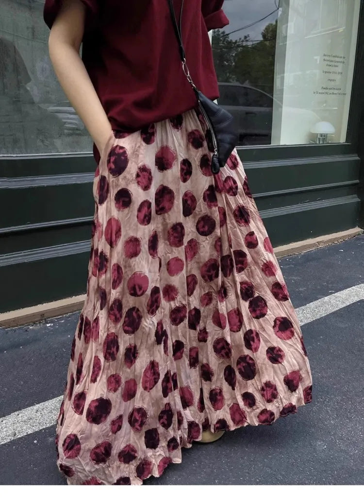 Elegant Green Dot Skirt Women Vintage High Waisted Holiday Beach Skirt A Line Skinny Print Tie Dye Pretty Style Skirt