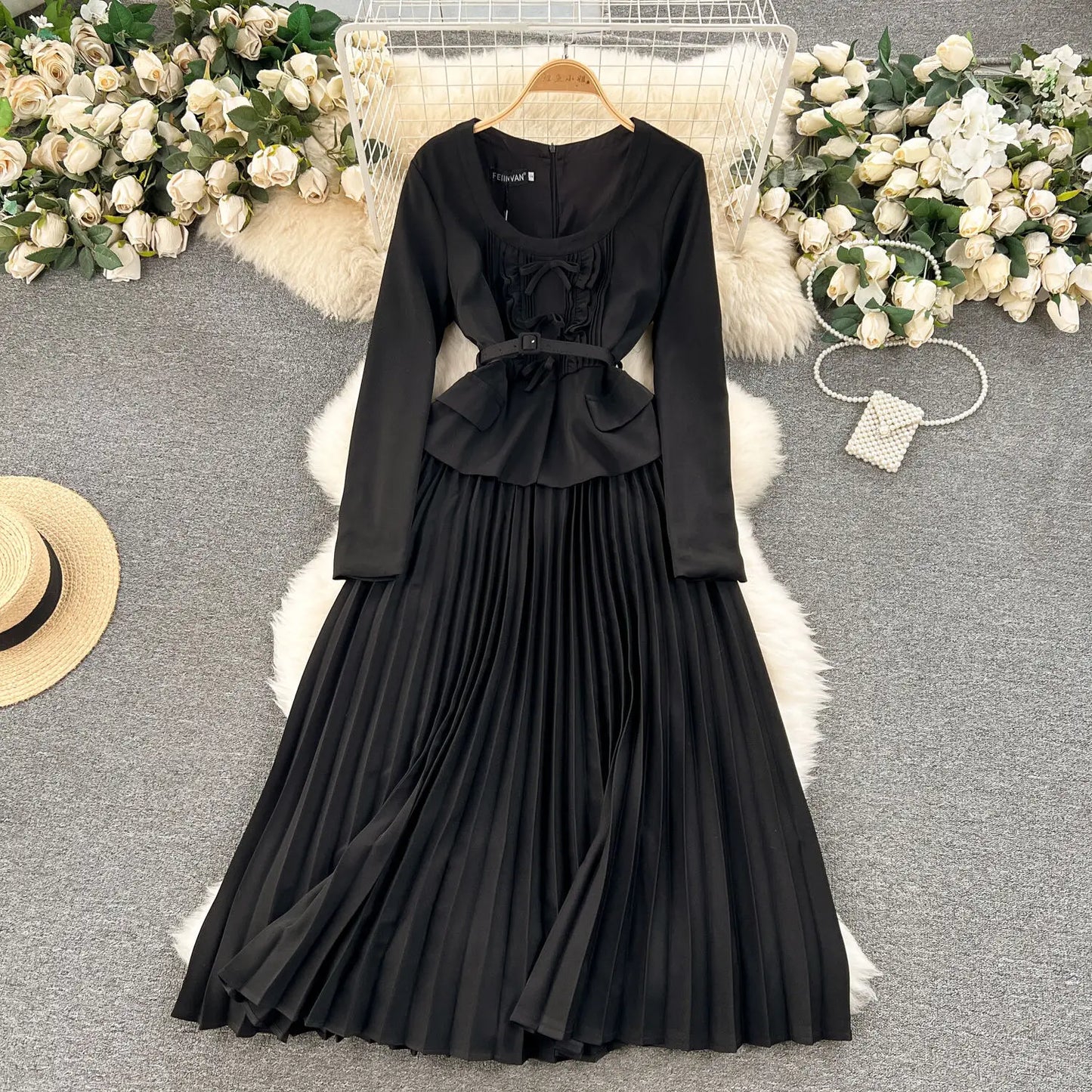 Autumn Winter Bow Dress Women Ruffles Long Sleeve Midi Vestidos Office Lady