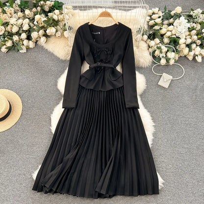 Autumn Winter Bow Dress Women Ruffles Long Sleeve Midi Vestidos Office Lady