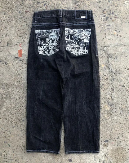 High Street Fashion Trendy Embroidery Pattern Harajuku Gothic Straight Wide Legs Casual Loose Punk Washed Old Denim Trousers