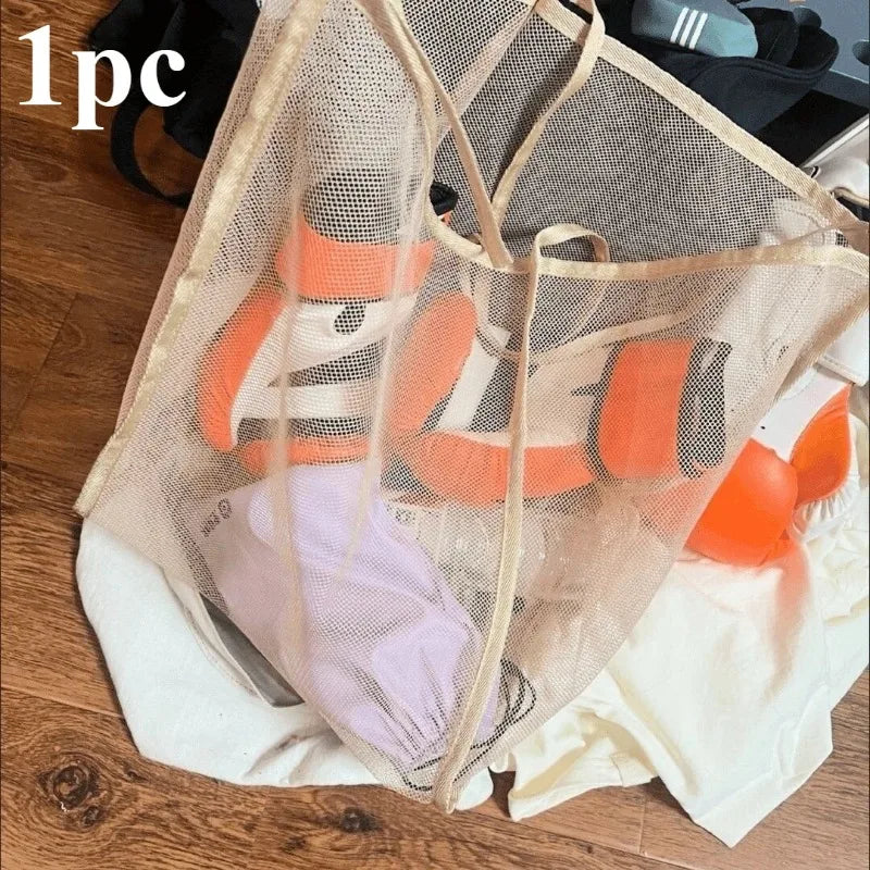 Travel Mesh Beach Bag, Large Beach Tote Bag for Family Travel/Vacation, Sandproof Woven Shoulder Handbag Large Inner Pocket.