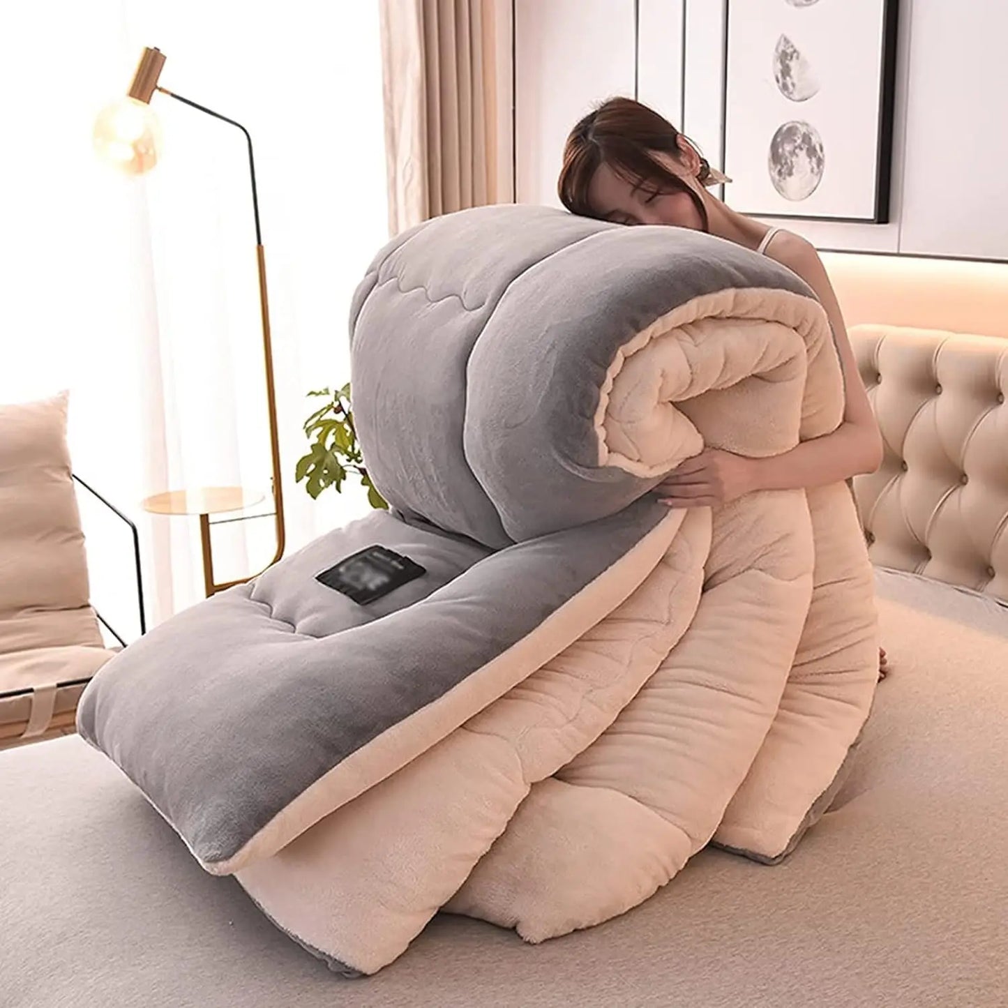 Contemporary Style Reversible Sherpa Fleece Winter Comforter, Soft Breathable Plush Warm Bedding, 100% Polyester Fill & Cover
