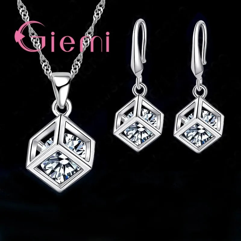 Hot Sale Big Promotion 925 Sterling Silver Jewelry Set Wedding Accessories Shiny Crystal Pendant Necklace Earrings