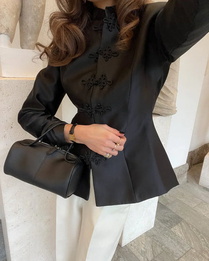 Chic Satin Women Short Buttoned Coat Elegant Round Neck Single Breasted Cinched-waist Crop Jacket 2026 Lady Commute Street Coats