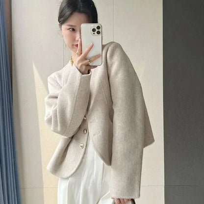 Women's New Round Neck Single-breasted Double-sided Tweed Coat Fashionable Casual and Versatile Elegant Top