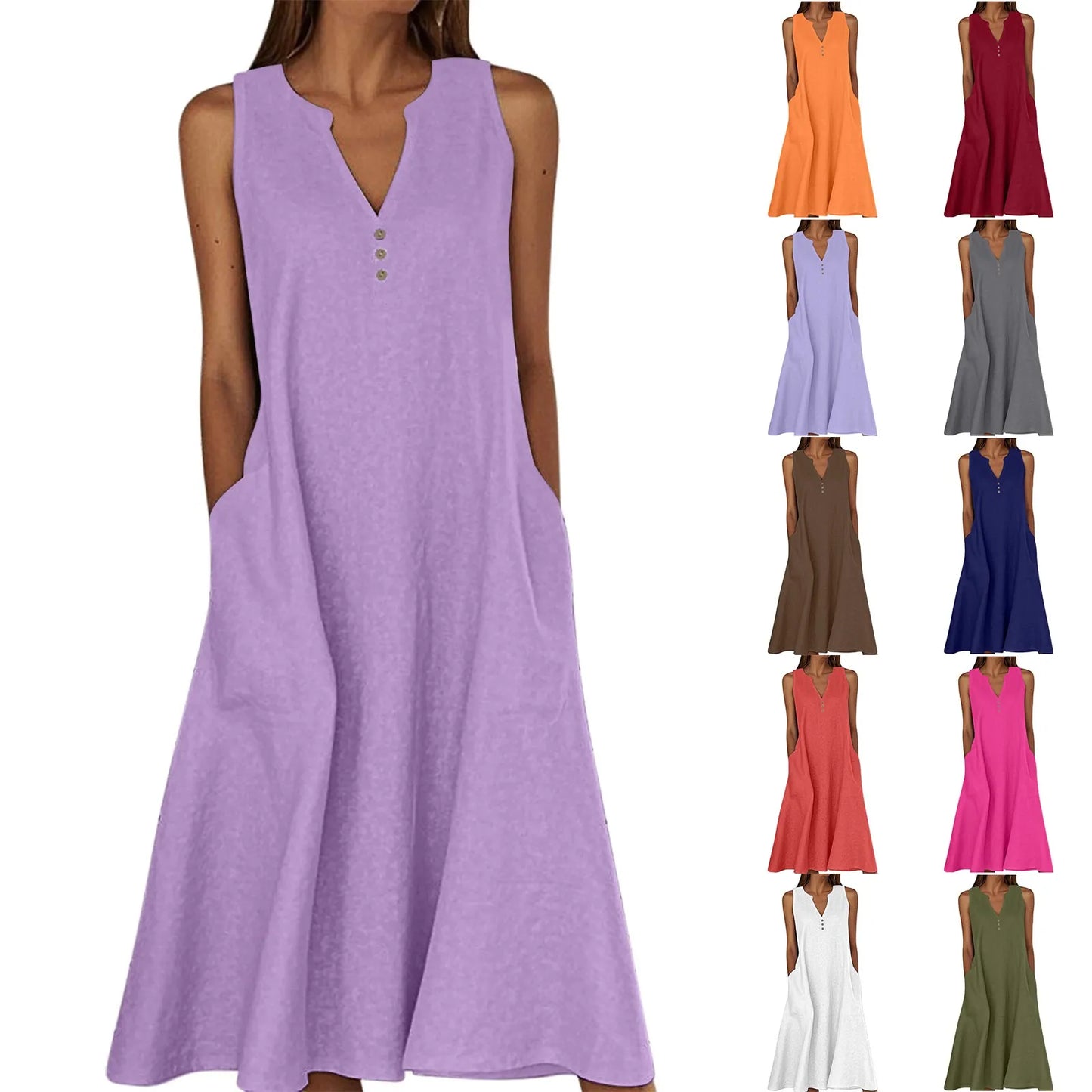Women's Summer Casual V-neck Button Solid Color Sleeveless Long Dress With Pockets Female Elegant Trendy Casual Loose Dresses
