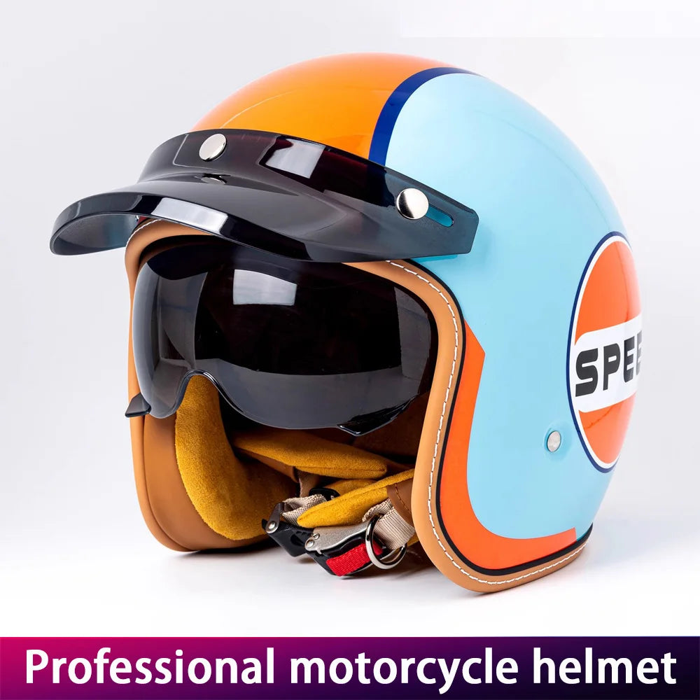 Retro Motorcycle Helmet Three-Quarter Bike Headwear for Men And Women Electric Vehicle Built-in Windshield Cruising Helmet