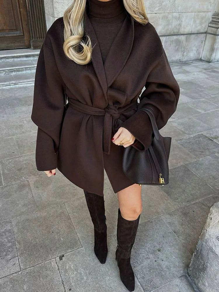 Fashion Casual Brown Coat Cardigan Simple Loose V-Neck Long Sleeve With Belt Jackets 2025 Autumn Winter Lady New Solid Outerwear