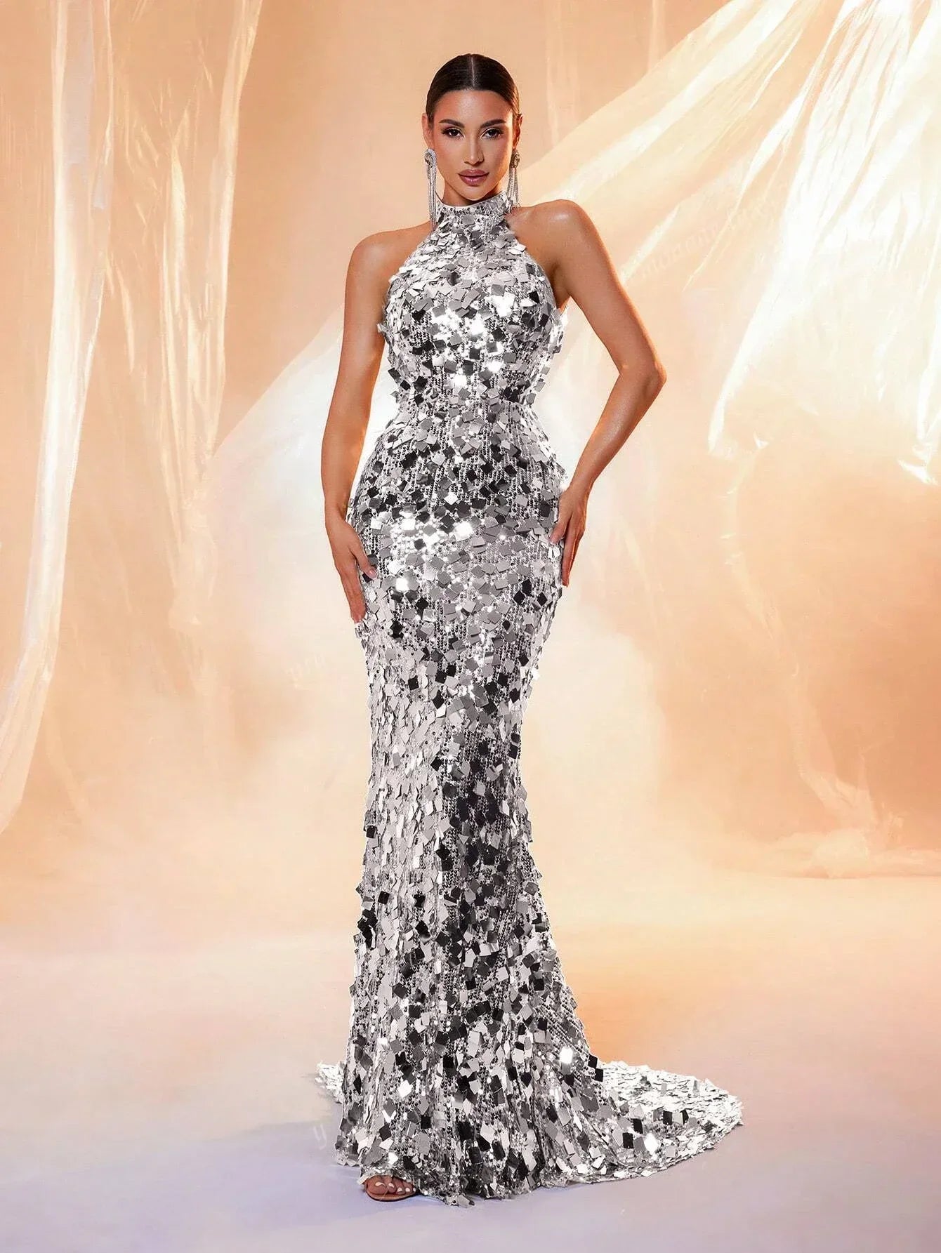 LOVE&LEMONADE Backless Sequins Halter Neck Evening Elegant Formal Prom Gown Wedding Guest Dinner Maxi Dress for Women LM86444