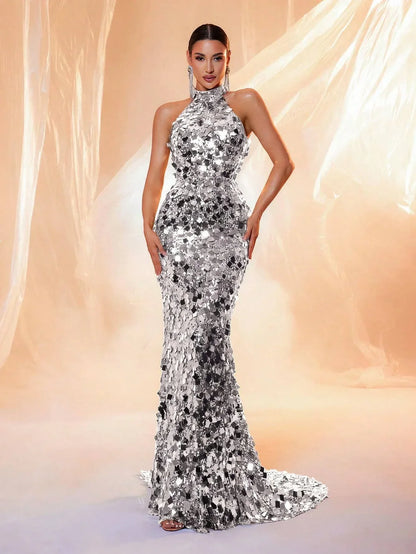 LOVE&LEMONADE Backless Sequins Halter Neck Evening Elegant Formal Prom Gown Wedding Guest Dinner Maxi Dress for Women LM86444