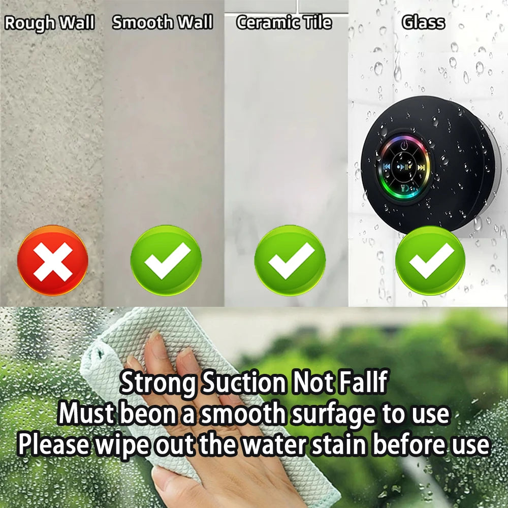 Portable Wireless Bluetooth 5.0 Speaker LED IPX4 Waterproof Loudspeaker Outdoor Bathroom Large Suction Cup Mini Stereo Sound Box