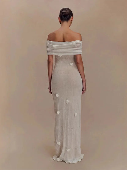 Chic 3D Flower Sleeveless Slim Maxi Dress Elegant Off Shoulder Knitted Long Dresses for Women 2025 Spring New Evening Party Robe