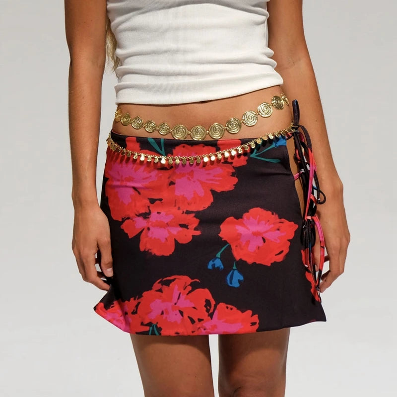 Multi-wear style Floral Print Mini Skirt Crop Tops Women Slim Low Waist Side Split Tie-Up Bodycon Skirt Y2K Vintage Streetwear