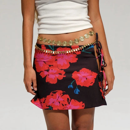 Multi-wear style Floral Print Mini Skirt Crop Tops Women Slim Low Waist Side Split Tie-Up Bodycon Skirt Y2K Vintage Streetwear