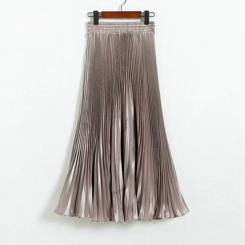 Women's Fashion Pleated Mermaid Long Skirt Korean Style Casual High Waist Satin Flowy Skirts Shiny 19 Colors 2024 Spring SK500