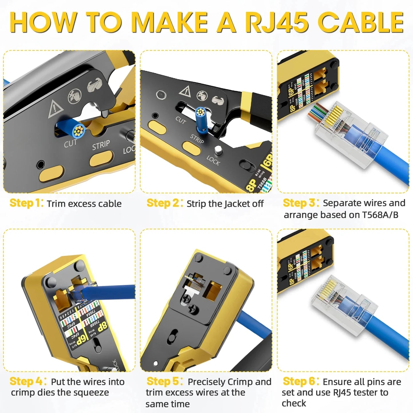 Kebidu RJ45 Crimp Plier Pass Through Ethernet Modular Plug Crimping Tool for Cat6 Cat5 Cat5e RJ45 Connectors 8P6P RJ11 Connector