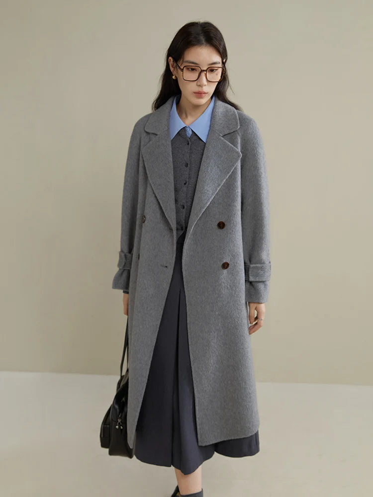 DUSHU 100% Wool Temperament Camel Color Women Long Double Breasted Woolen Coat Raglan Sleeve Belt Design Female Wool Jackets