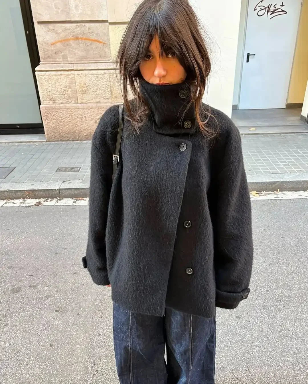 Women Fashion Solid Woolen Coats Casual High Neck Full Sleeve Single Breasted Loose Cropped Coat Lady Street Leisure Outerwear