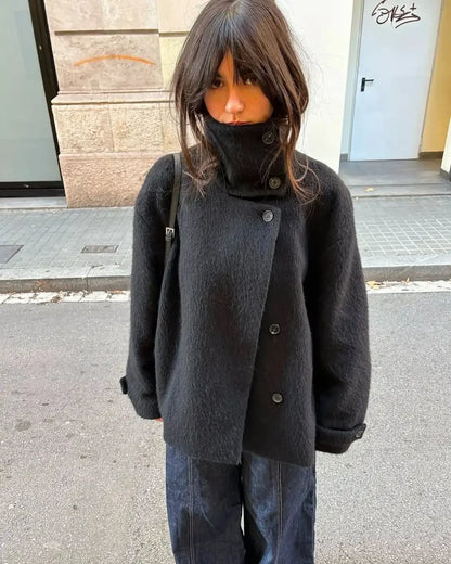 Women Fashion Solid Woolen Coats Casual High Neck Full Sleeve Single Breasted Loose Cropped Coat Lady Street Leisure Outerwear