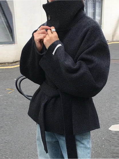 Elegant Women's Belt Stand Collar Woolen Coat Chic Single Breasted Full Sleeve Jacket 2025 Autumn Winter Lady Commute Streetwear