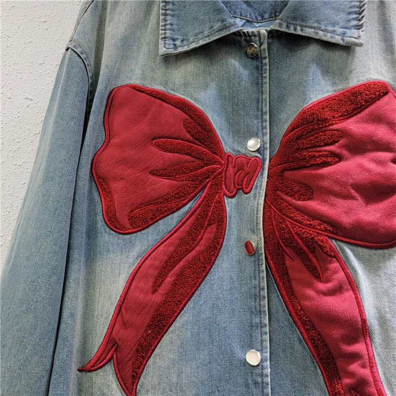 DEAT Women's Denim Coat Patchwork Red Bow Washed Blue Design Female Single Breasted Jackets 2026 Summer New Fashion 29L9359