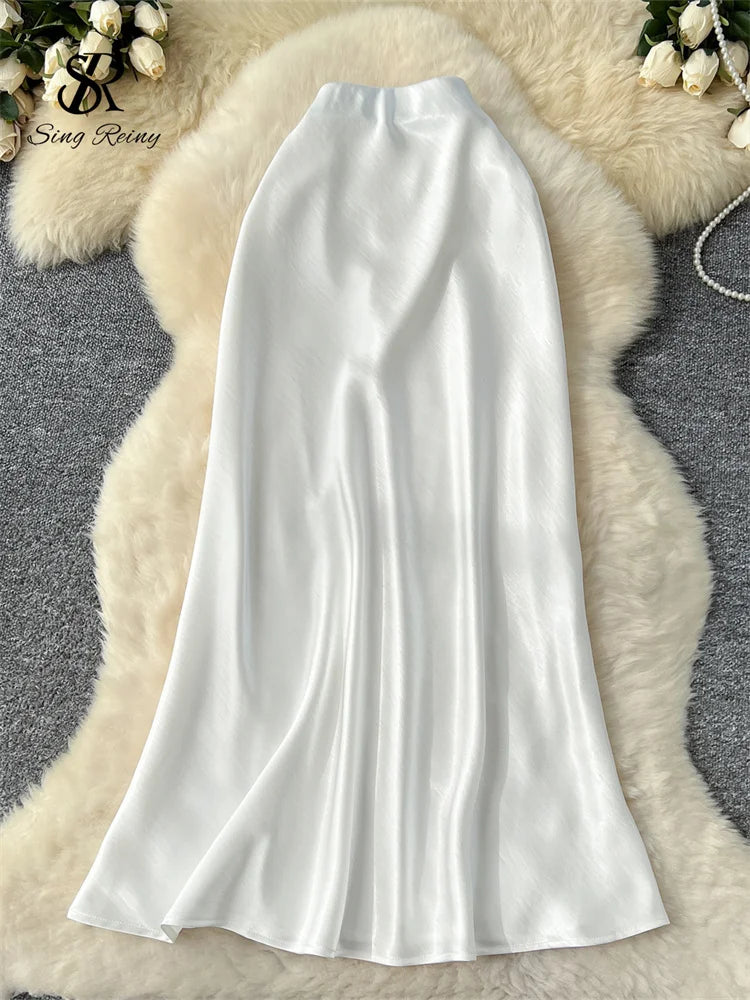 SINGREINY Senior Solid Satin Skirt Elastic Waist 2025 Newest Frence Elegant Women Fashion Basics Office Lady Skinny Midi Skirt