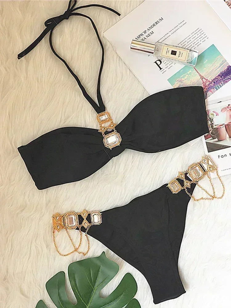 Halter Crystal Rhinestone Diamond Bikini 2025 Female Swimsuit Women Swimwear Two Pieces Bikini set Brazilian Bathing Suit Swim