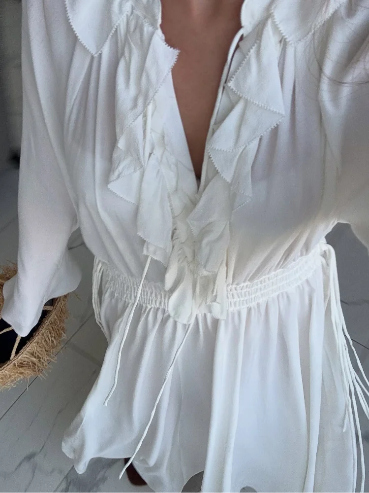 Elegant Solid Flounces Dresses Chic Loose V Neck Full Sleeve Female Long Robes New Lady Summer Commute Vacation Dress 2025