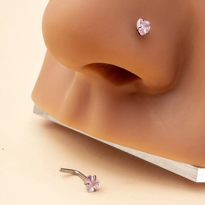 2pcs L-Shaped Rod Nose Nail Set Inlaid Pink Love Heart Cubic Zirconia Simple Style Body Piercing Jewelry Female