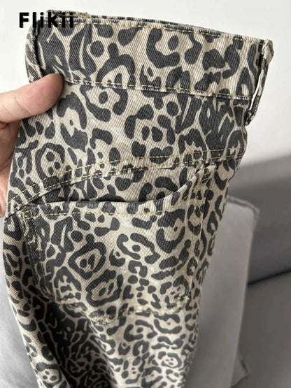 American Vintage Leopard High Waist Jeans Women's Casual 2000s Pants Baggy Y2K Wide Leg Grunge High Street Washed Denim Trouser