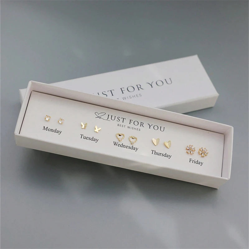 5-Pair Simple Zircon Flower Love Butterfly Earrings Weekly Gift Box for Women's Daily Personalized Festival Anniversary Gift