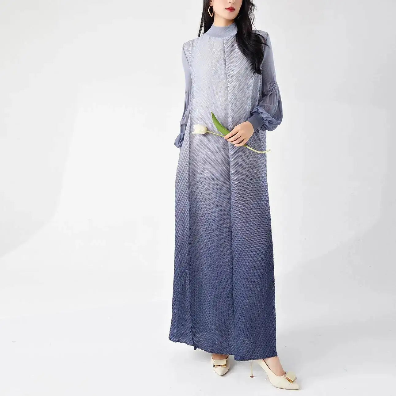 LANMREM Niche Gradient Colorblock Design Pleasted Women's Dress 2025 New Loose Chic Long Sleeve Temperament Long Dresses 2DB3396
