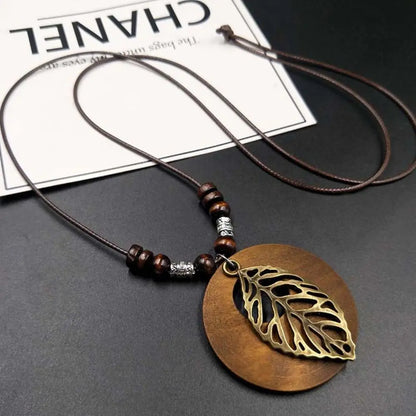 Retro Ethnic Round Wooden Leaf Owl Long Sweater Chain Necklace Women Vintage Clock Pendant Female Jewelry Neck Accessories Gifts
