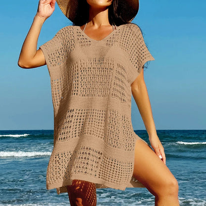 Knitting V-Neck Sexy Hollow Out Beach Bikini Cover-Ups Ladies Summer Vacation Casual Loose Beachwear Sunscreen Smock