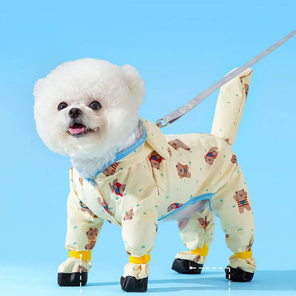 Puppy Waterproof Clothes Full Print Bear Pet Raincoat Four Legs All Inclusive Towing Poncho Teddy Outdoor Clothes