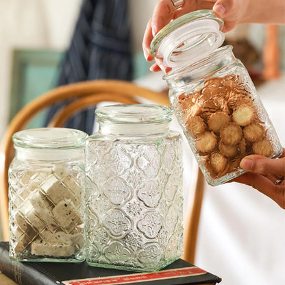 Retro Transparent Glass Sealed Jar Glass Lid Storage Jar Begonia Flower Glass Bottle Candy Storage Jar Kitchen Storage Supplies
