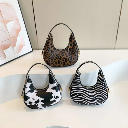 Crescent-shaped Underarm Bag for Women Brown Black Leopard Handbag Clutch Bag Female Vintage PU Leather Crossbody Bags Versatile